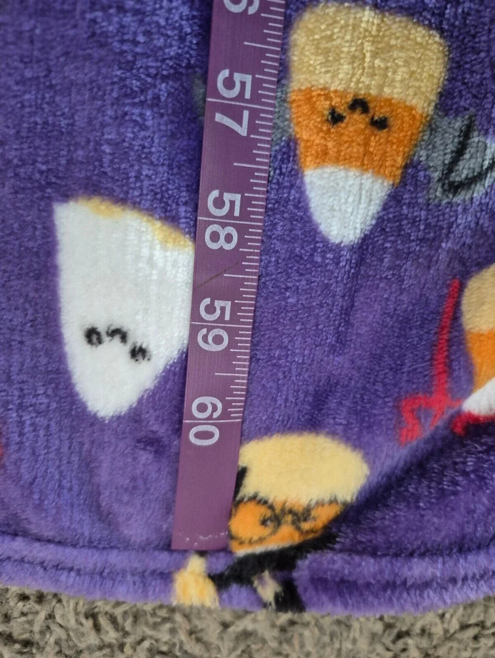 Halloween Themed Purple Fleece Blanket with Candy Corn and Pumpkin Pattern